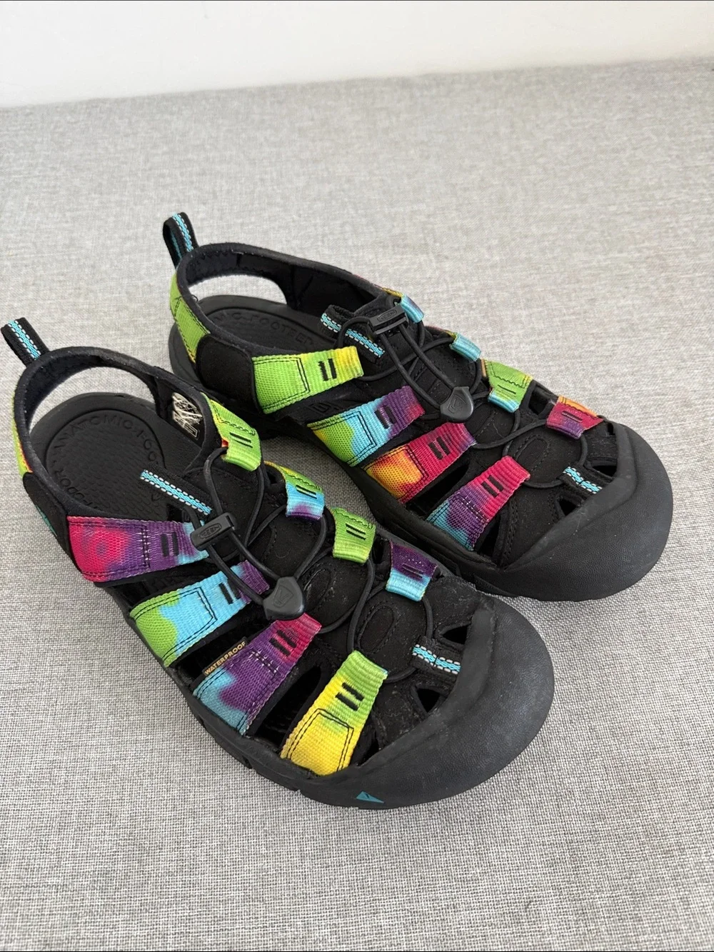 Keen Men's Black Sandals with Rainbow Tie-Dye Straps